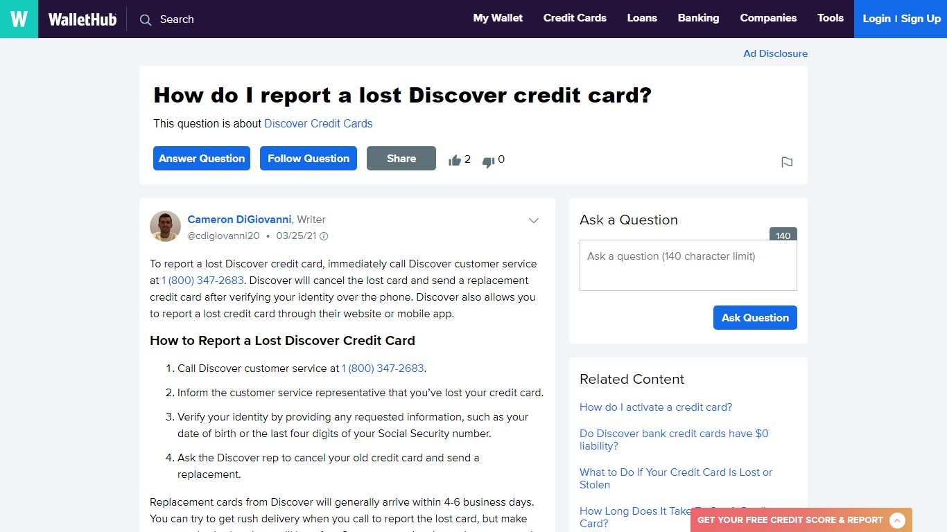 Discover Lost Credit Card: How to Report & Replace - WalletHub